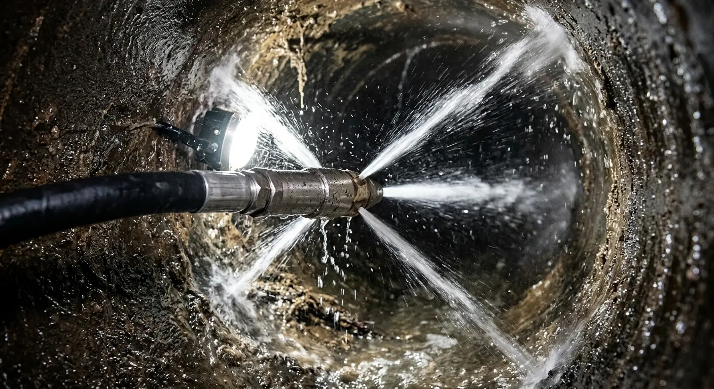 High-pressure hydro jetting nozzle cleaning sewer pipe for Trenchless Sewer Repair in El Dorado Hills
