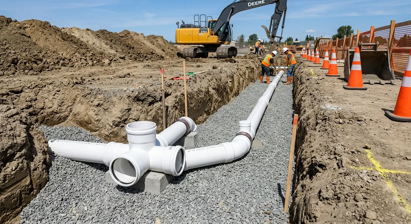 New PVC sewer pipe installation in open trench for Sewer Backup in El Dorado Hills