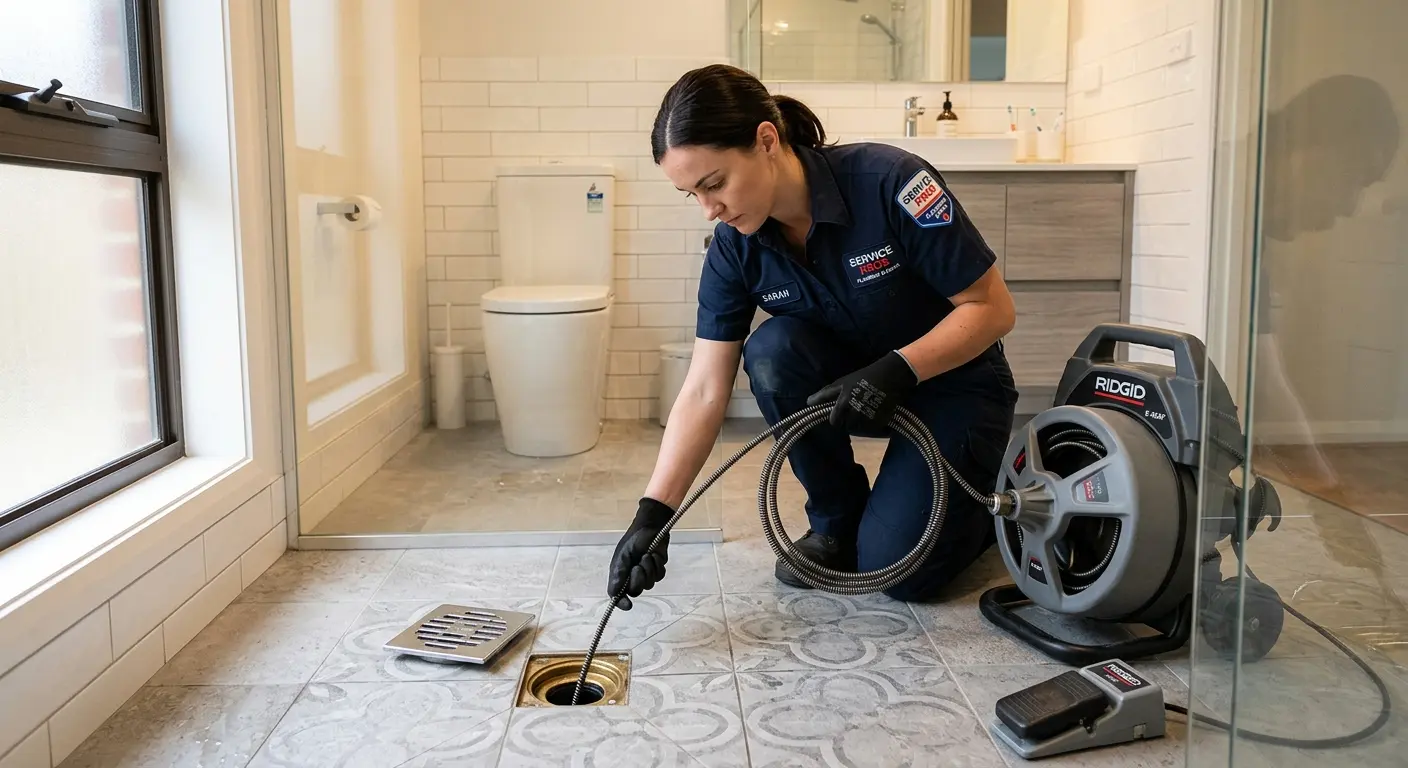 Technician clearing a bathroom floor drain for Sewer Line Replacement in El Dorado Hills
